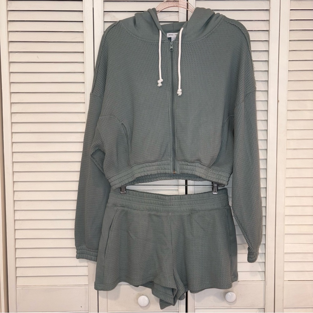 Sage green cropped hoodie and shorts set